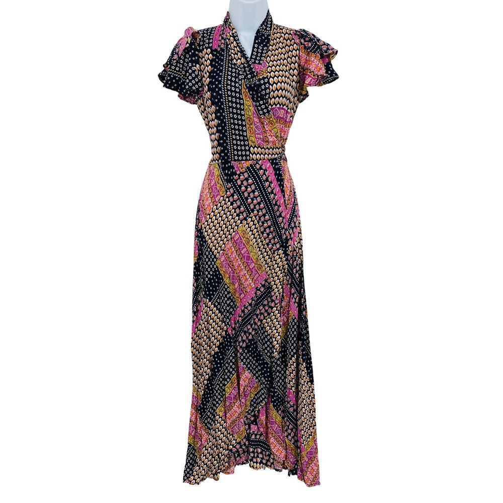 RAGA Maxi Wrap Dress Women S Multicolor Mixed Print Flutter Sleeve Boho